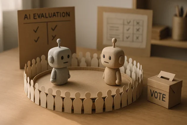Visual for this record: Chatbot Arena traded a fixed answer key for human votes